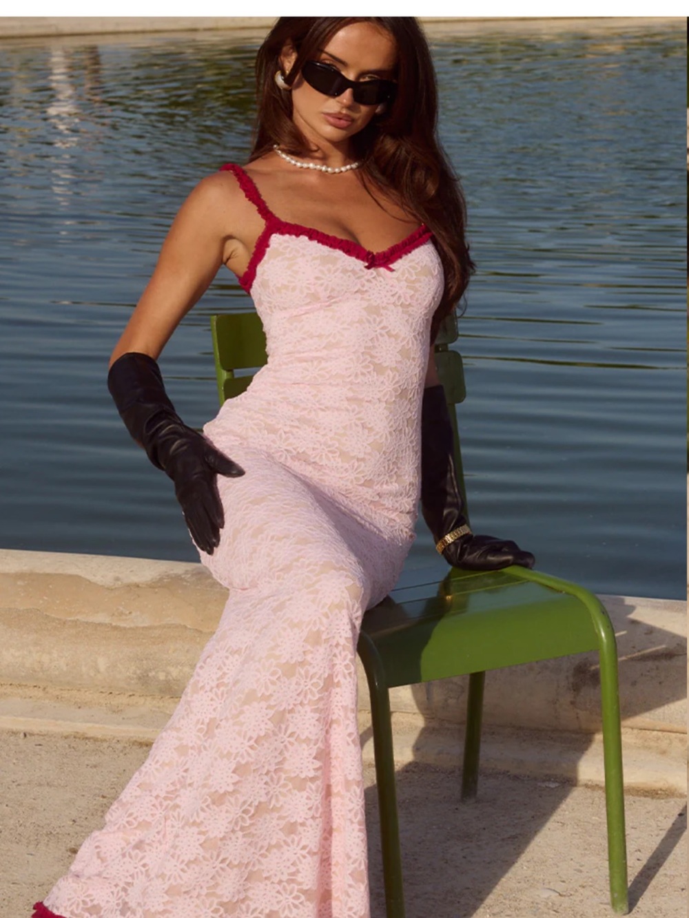 Lace Maxi Slip Dress in Pink with Red Trim